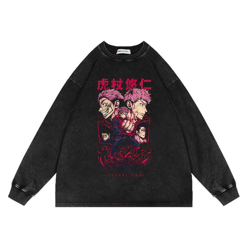 Retro Anime Washed Crew Neck Oversized Sweatshirt