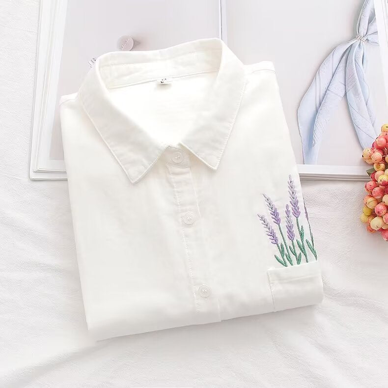 Casual Women's Pocket Floral Embroidery Shirt