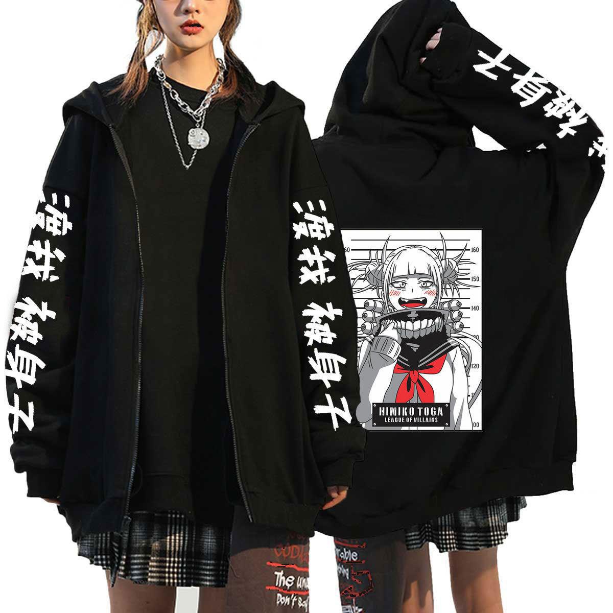 Unisex Anime Printed Zip Up Black Casual Hoodie