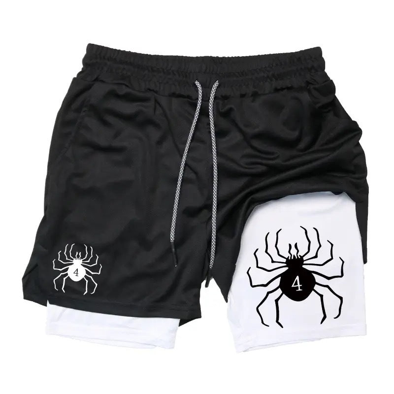 Casual Spider Print Double-layer Sports Fitness Shorts