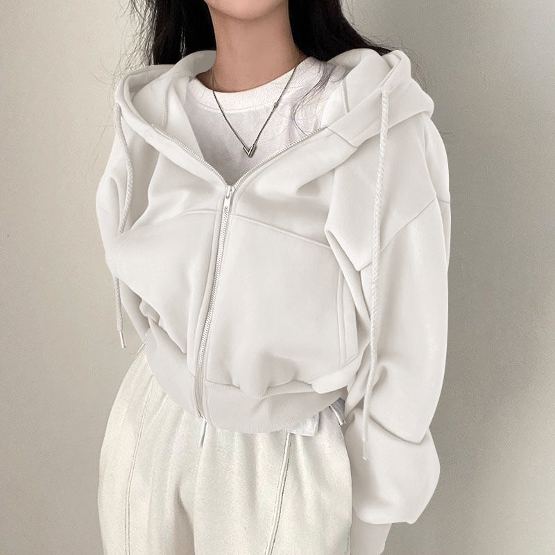 Versatile Slim Zipper Solid Color Crop Hoodie