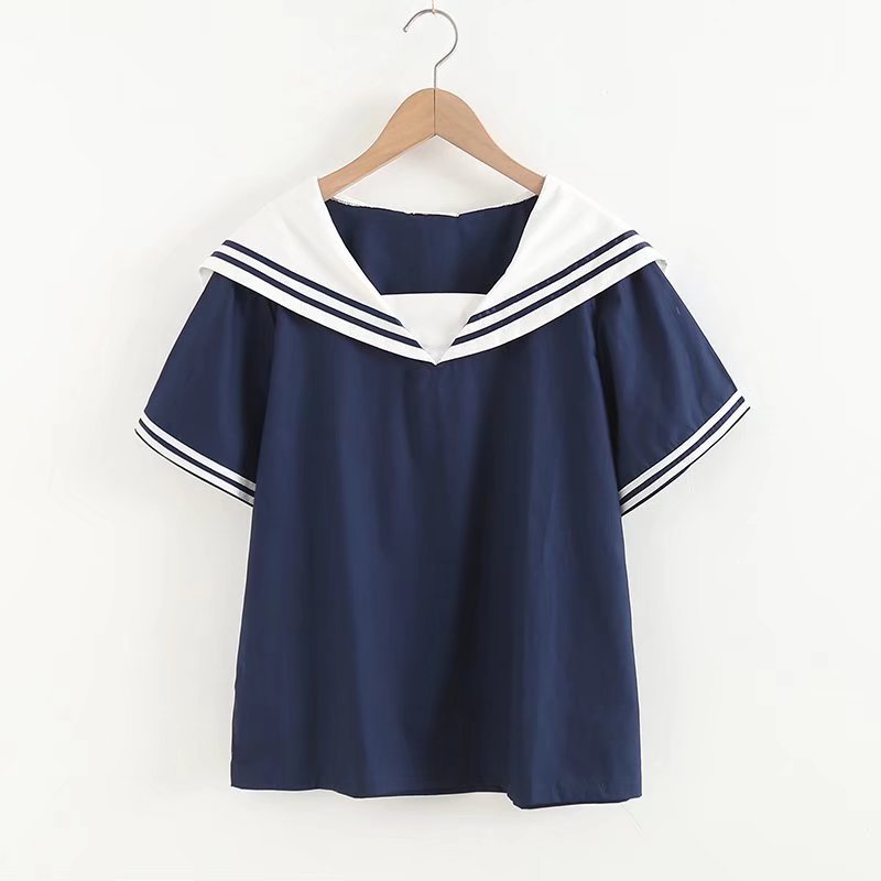 Japanese Style Navy Collar Striped Short-sleeved Shirt