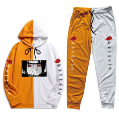 Men's Casual Anime Color Block Hoodie Pants Set