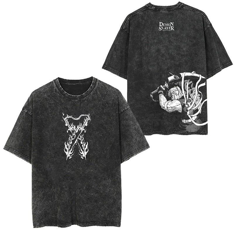 Unisex Anime Pattern Washed Short Sleeve T-Shirt