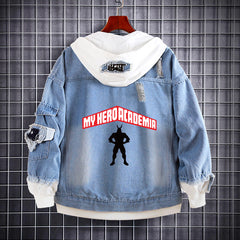 Unisex Anime Printed Hooded Denim Jacket