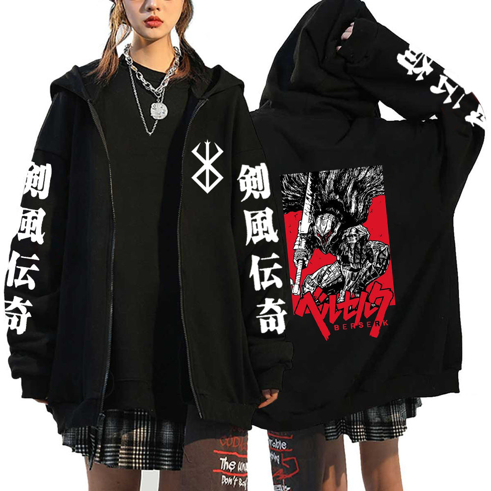 Unisex Anime Printed Black Zipper Hoodie