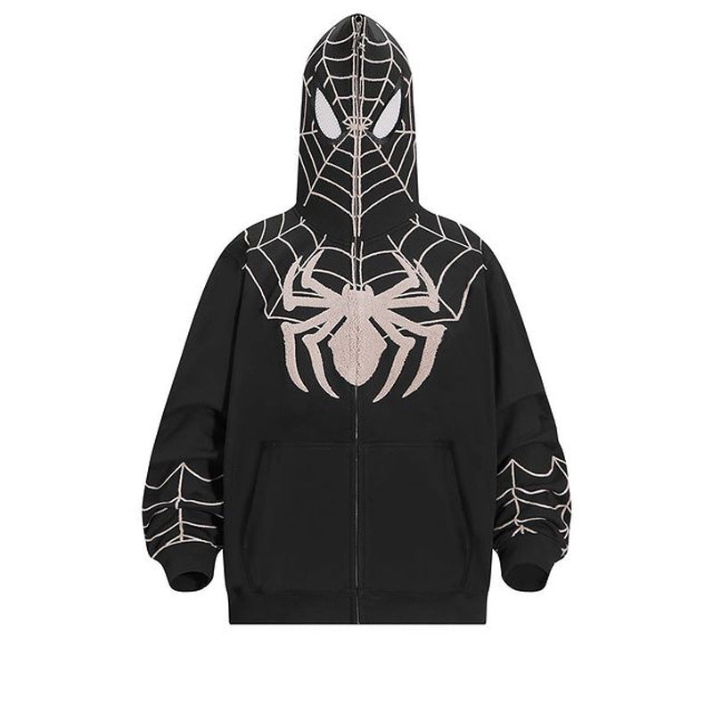 Unisex Gothic Dark Spider Print Zip Up Loose Hoodie