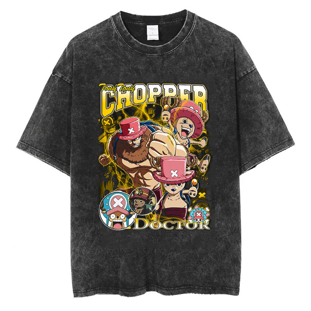 Trendy Anime Printed Short-sleeved Washed T-shirt