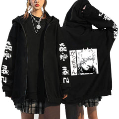 Trendy Anime Logo Printed Black Zipper Hoodie
