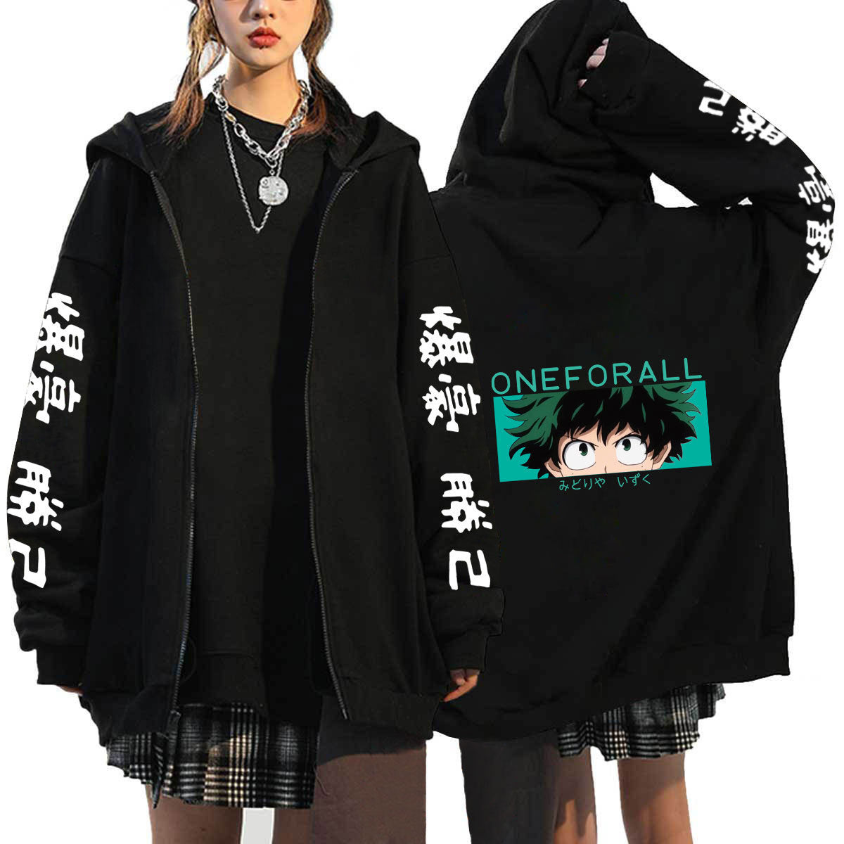 Trendy Anime Logo Printed Black Zipper Hoodie