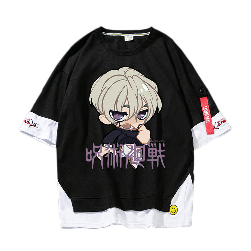 Unisex Anime Fake Two Short-sleeved Casual T-shirt