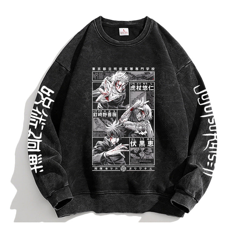 Vintage Washed Round Neck Anime Printed Sweatshirt