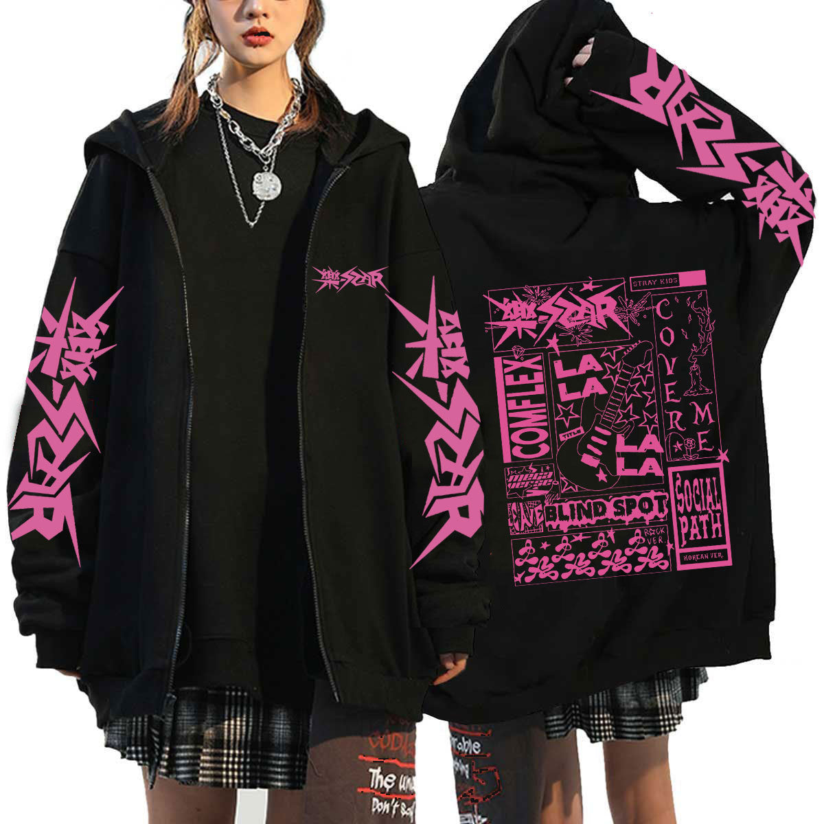 Unisex Chic Kpop Letter Printed Loose Zipper Hoodie