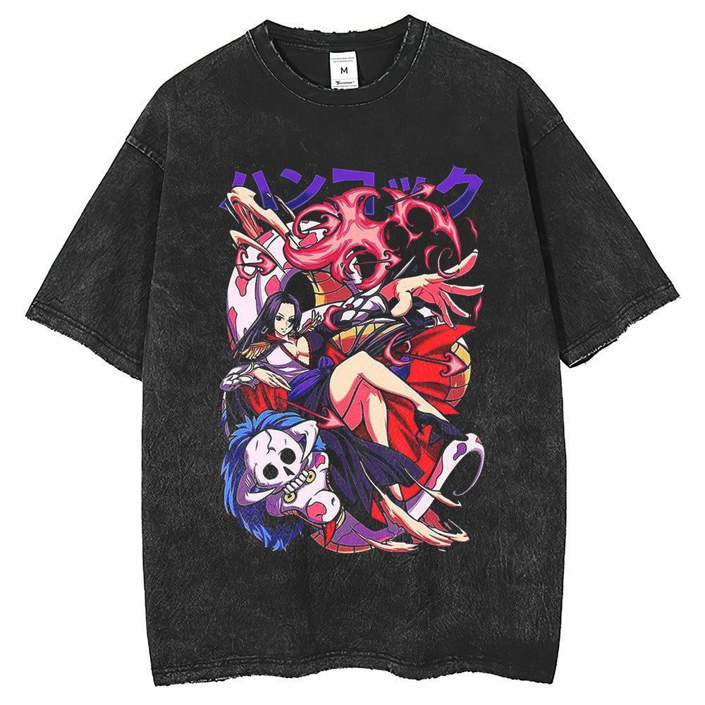 Retro Style Unisex Washed Anime Print T-shirt