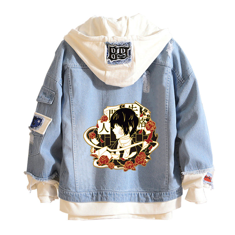 Casual Anime Print Hooded Denim Jacket