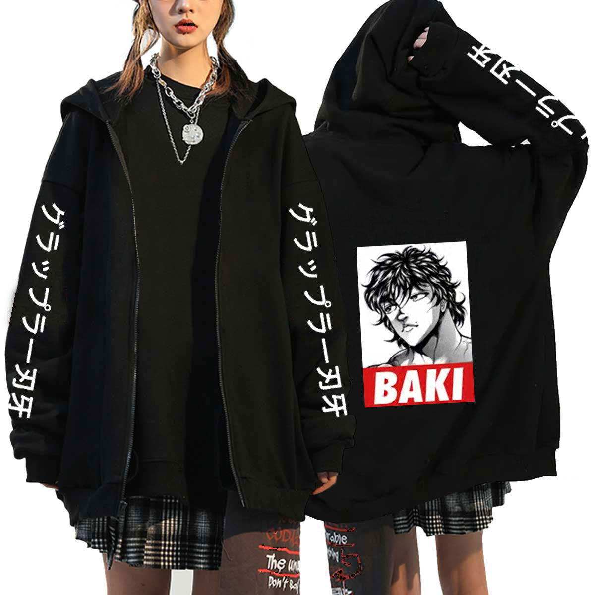 Unisex Anime Baki Print Zip Up Loose Hoodie