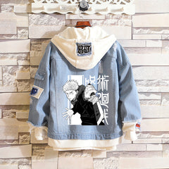 Unisex Anime Fake Two-piece Hooded Denim Jacket