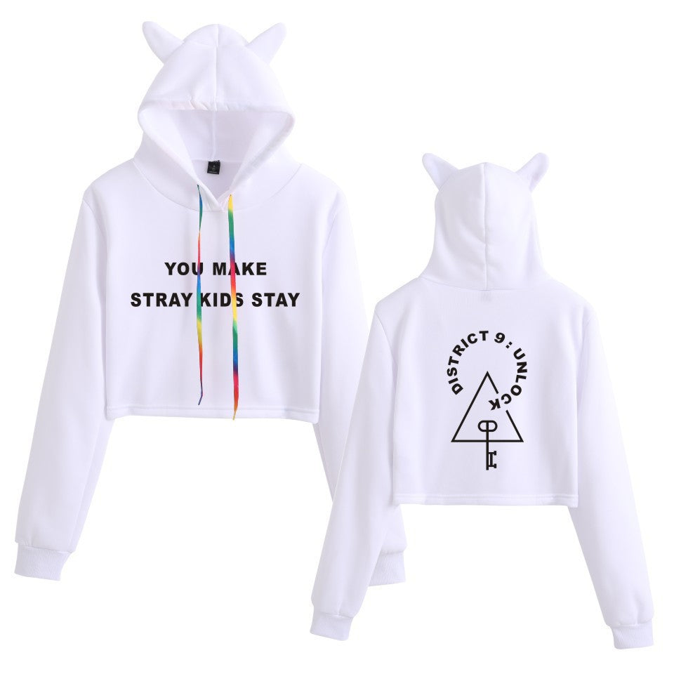 Cute Girls Kpop Cat Ears Cropped Hoodie