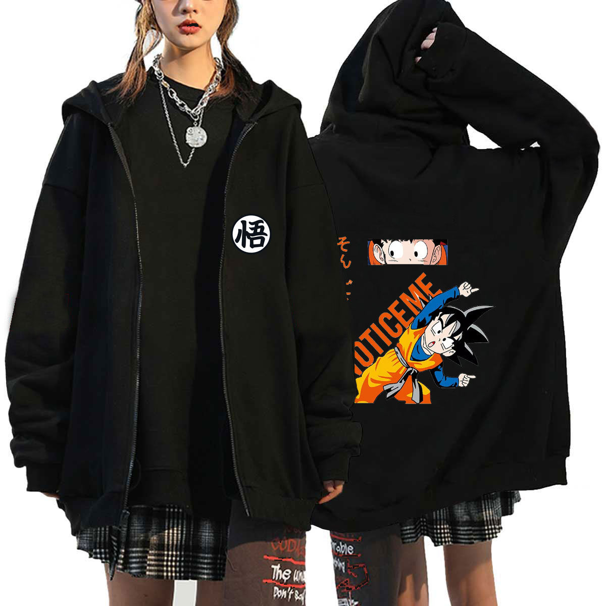 Versatile Anime Printed Zipper Black Hoodie