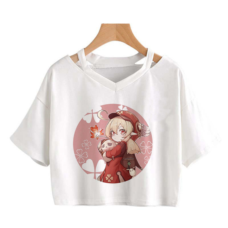 Cute Girls Hutao Game Print Cropped T-shirt