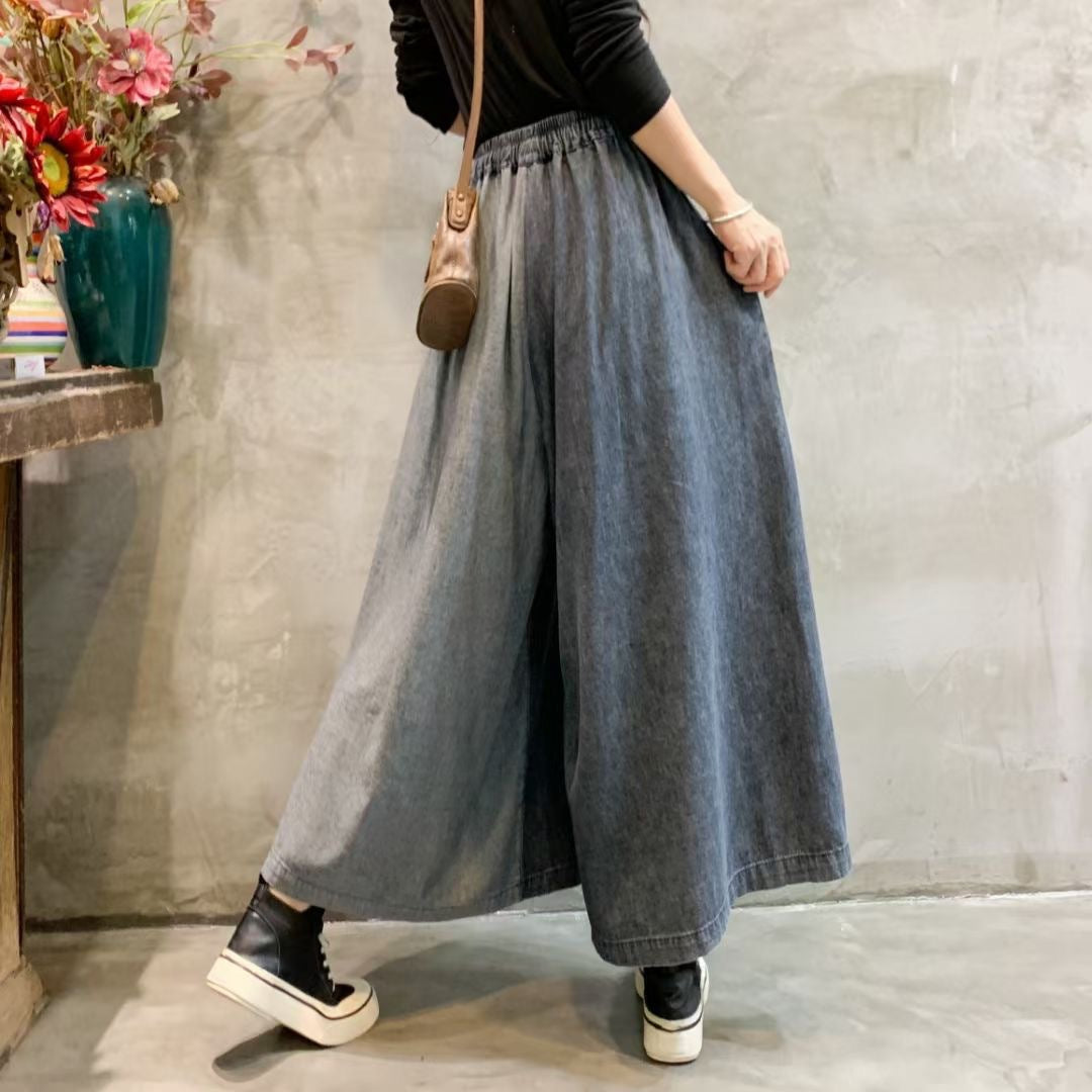 Retro Elastic Waist Color Block Soft Jeans Wide Leg Pants