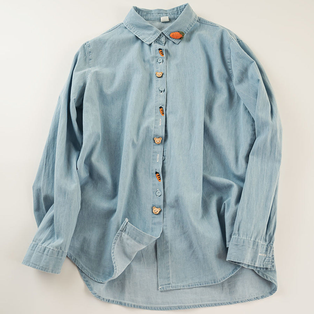 Women's Embroidery Washed Denim Long-sleeved Shirt