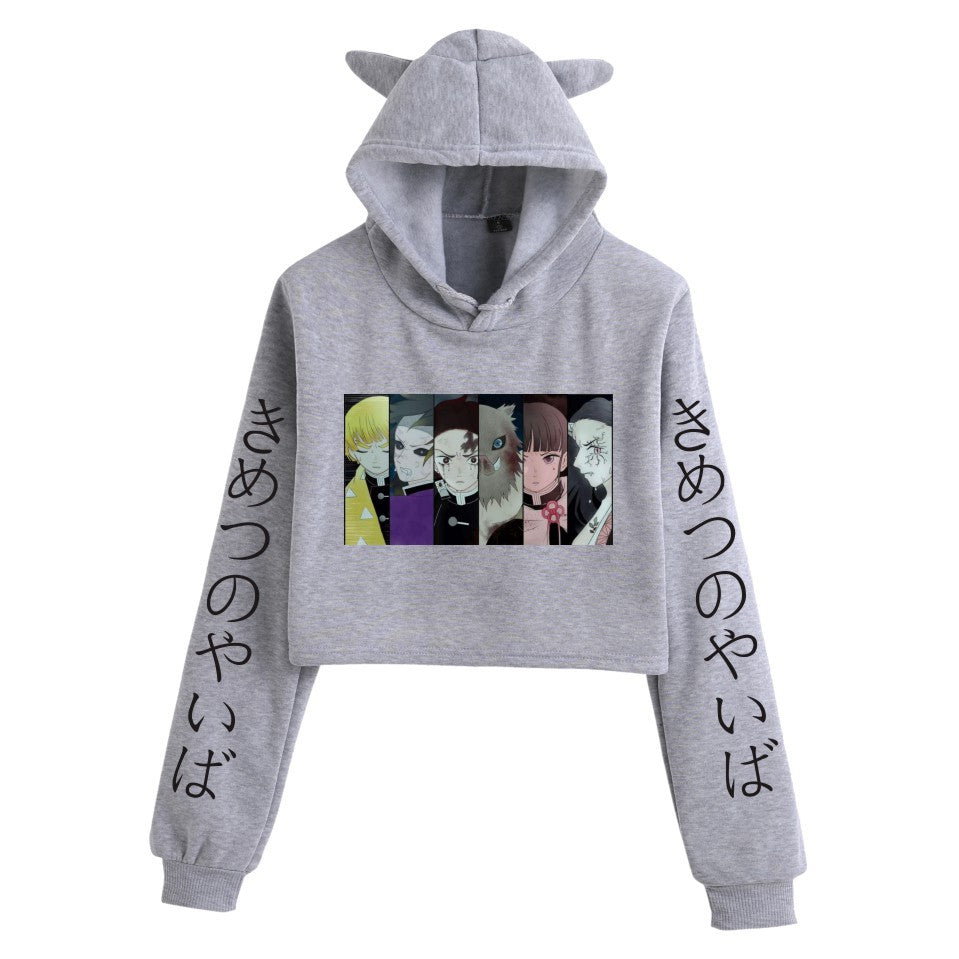 Girls Sexy Anime Print Cat Ears Cropped Hoodie