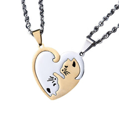 Yin Yang Cat Perfect Matching Couple Heart Necklace Set