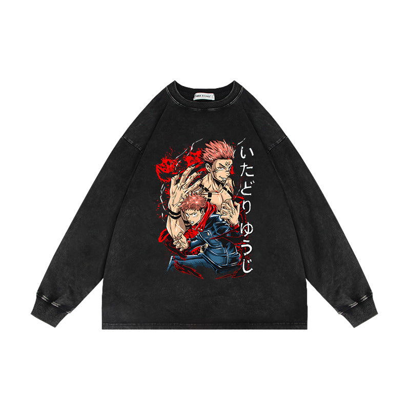 Retro Washed Anime Crew Neck Sweatshirt