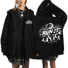 SKZ World Tour Run It Print Zip Up Black Hoodie