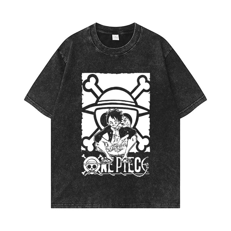 Unisex Washed Anime Graphic Loose T-shirt