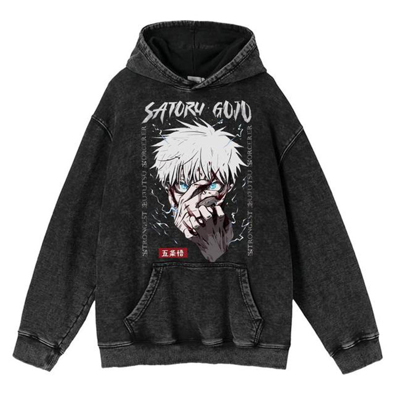 Unisex Vintage Washed Anime Printed Loose Hoodie