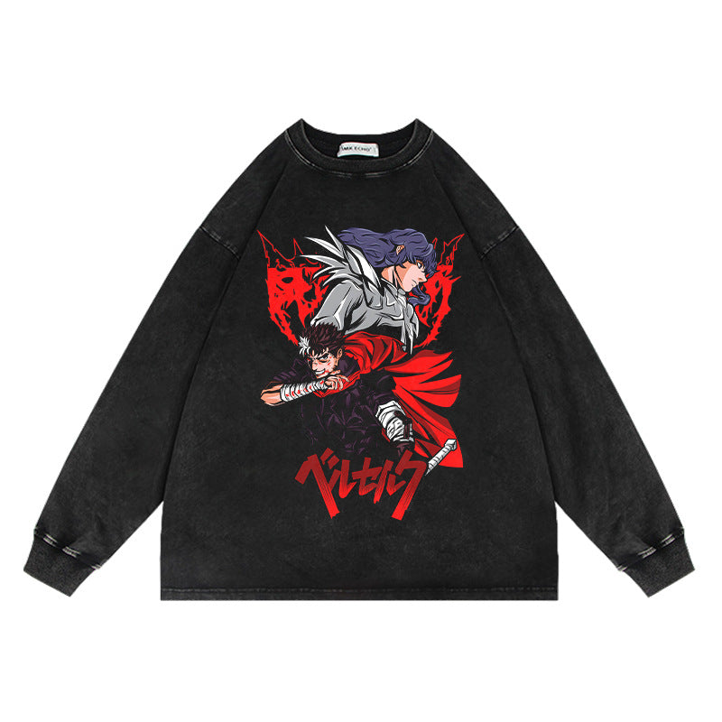 Casual Anime Washed Crew Neck Loose Sweatshirt