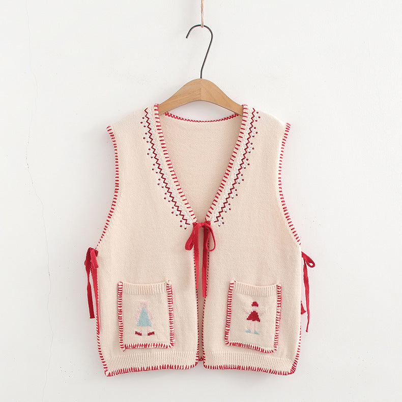 Women's V-neck Lace-up Knitted Vest Cardigan