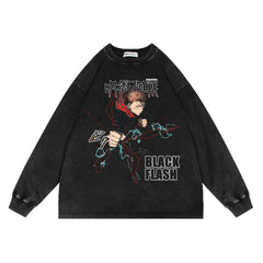 Retro Anime Washed Crew Neck Oversized Sweatshirt