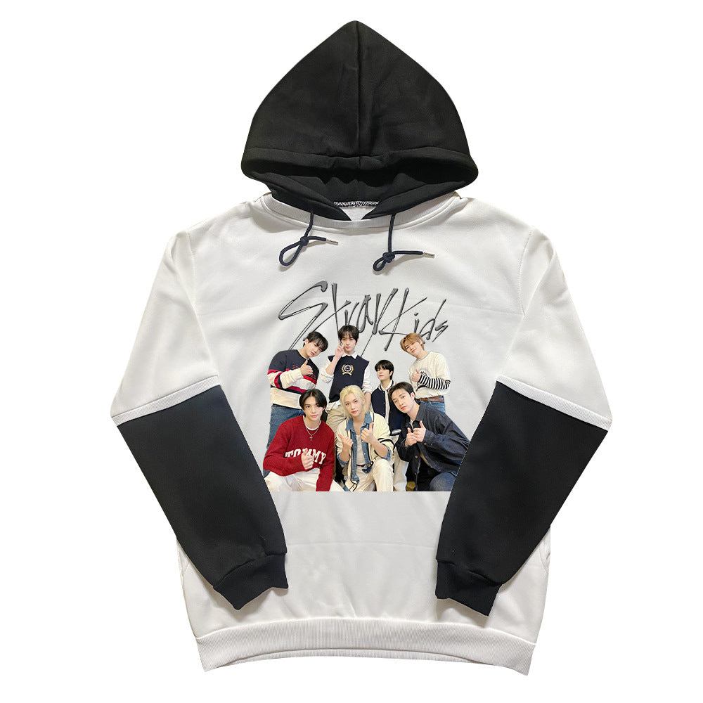 Skz Character Print Fleece Black and White Sleeves Hoodie
