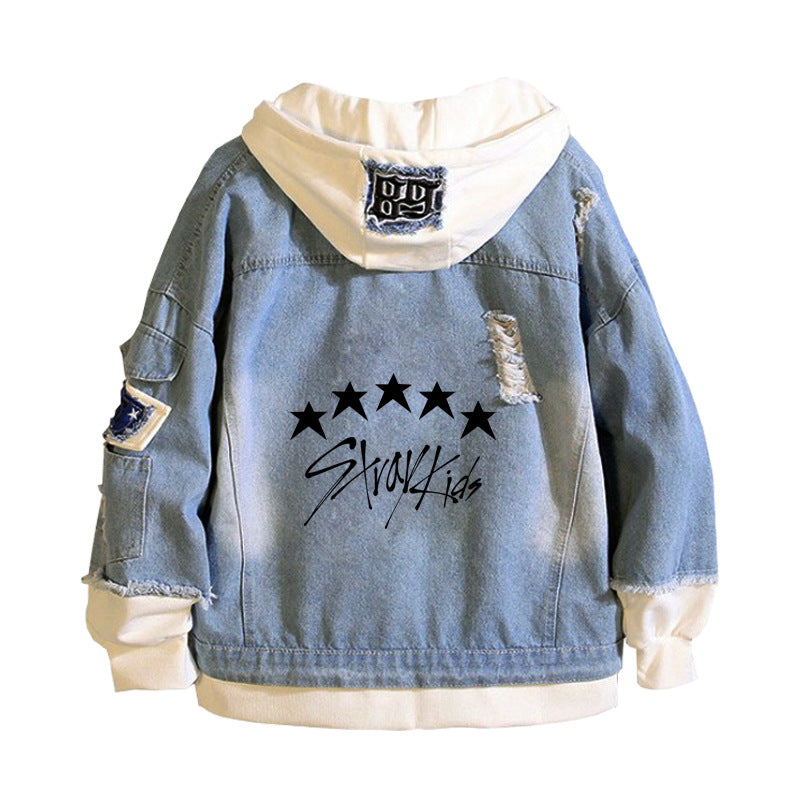 Unisex Versatile Kpop Logo Print Fake Two Piece Denim Jacket