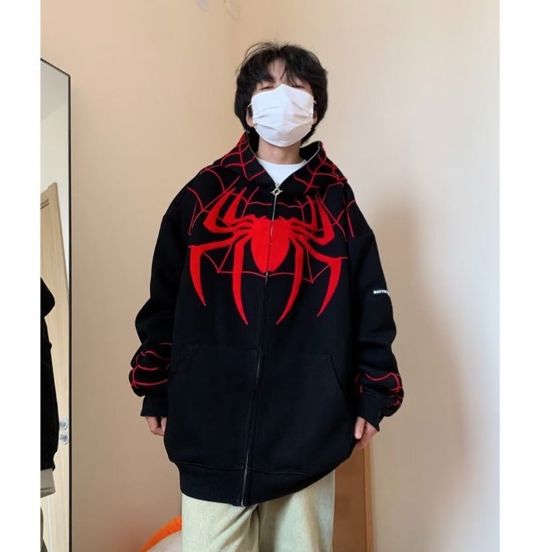 Unisex Spider Embroidered Zipper Thin Jacket