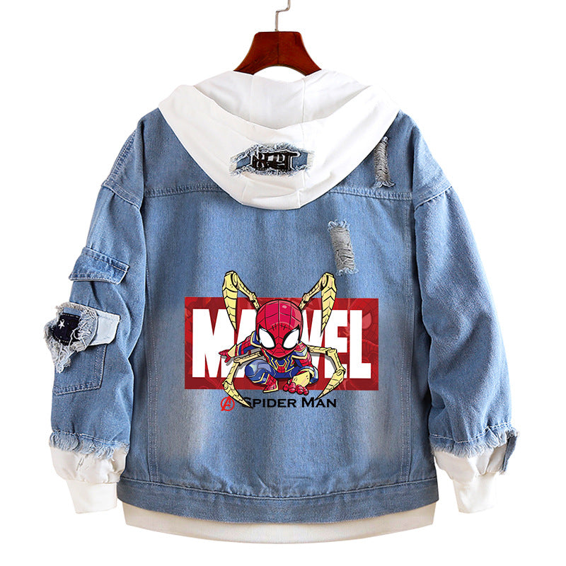 Unisex Comic Spider Fake Two Piece Hooded Denim Jacket