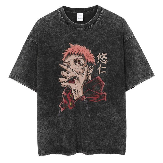 Men's Washed Retro Anime Print Cotton T-shirt