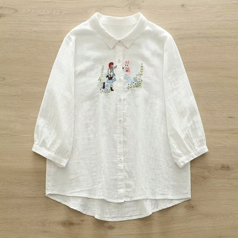 Women's Cartoon Flower Embroidered Shirt Blouse