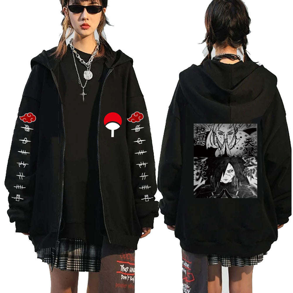 Unisex Anime Logo Printed Black Zipper Hoodie