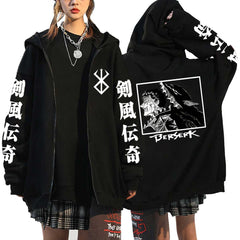 Unisex Anime Printed Black Zipper Hoodie