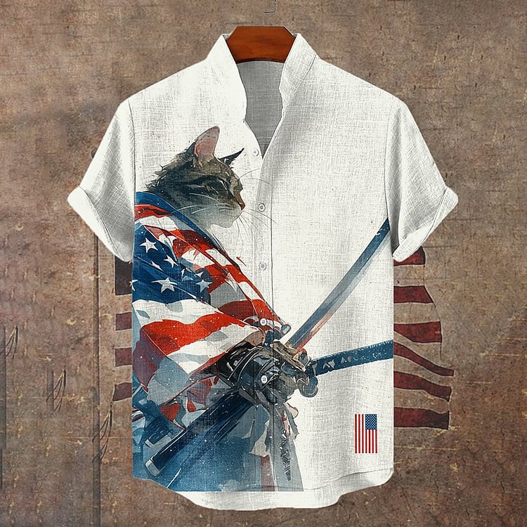 Men's Cat Digital Print Stand-up Collar Shirt