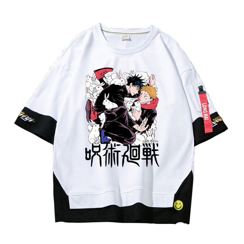 Unisex Anime Fake Two Short-sleeved Loose T-shirt