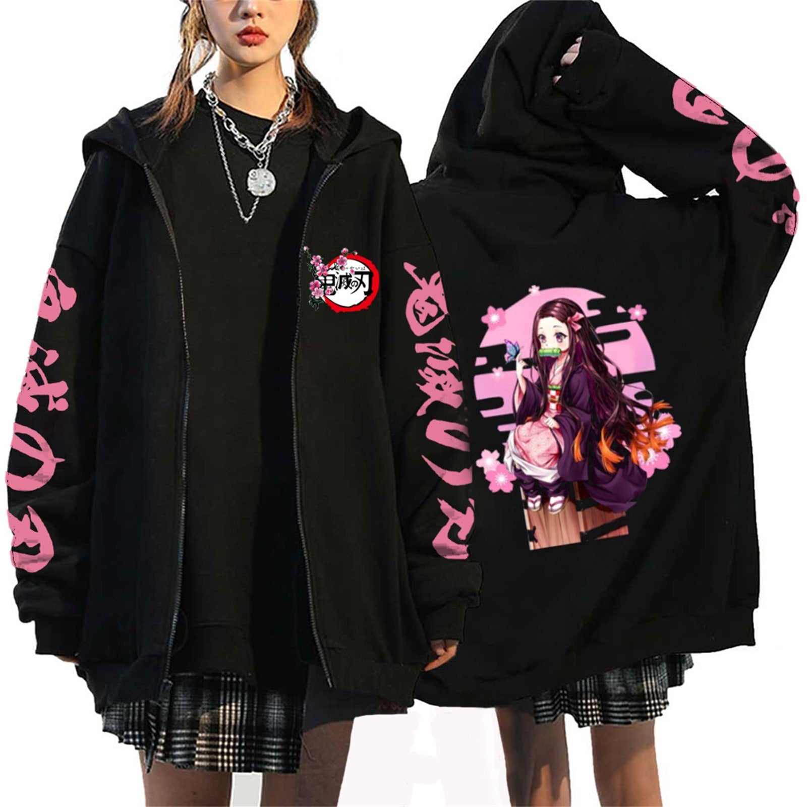 Unisex Anime Printed Black Zipper Hoodie