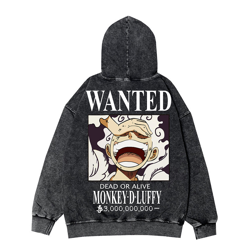 Retro Luffy Anime Zipper Washed Hooded Jacket