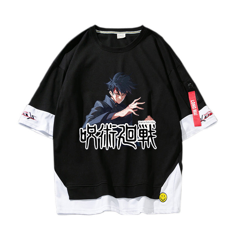 Unisex Anime Fake Two Short-sleeved Casual T-shirt