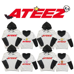 KPOP Character Logo Print Black and White Sleeve Hoodie