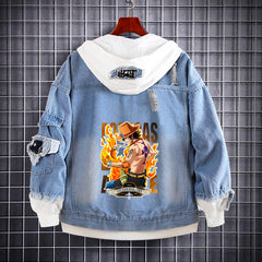 Unisex Luffy Graphic Print Hooded Denim Jacket